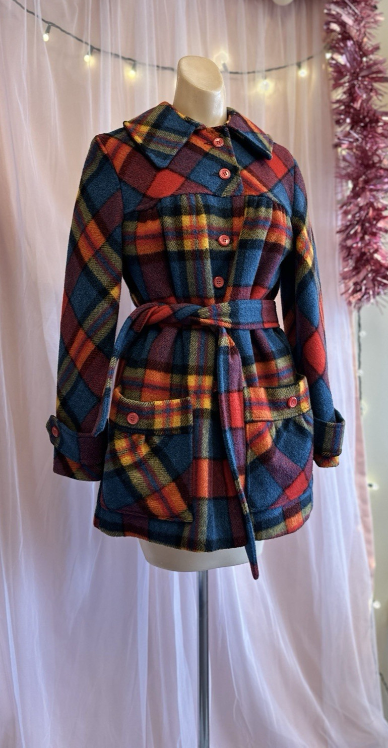 Vintage 60s 70s Rainbow Plaid Wool Coat Jacket Mod Retro Swingles XS/S