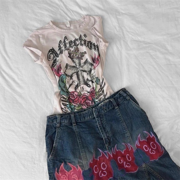 A.M.I 2000s denim skirt with hand painted flames
