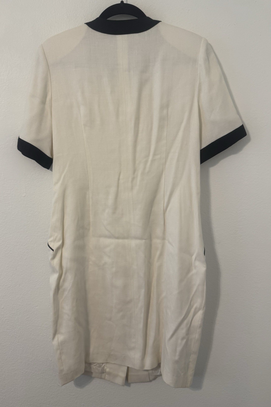VTG Louis Feraud Coquette Mod White Cream Dress Black Piping Gold Button 12 READ