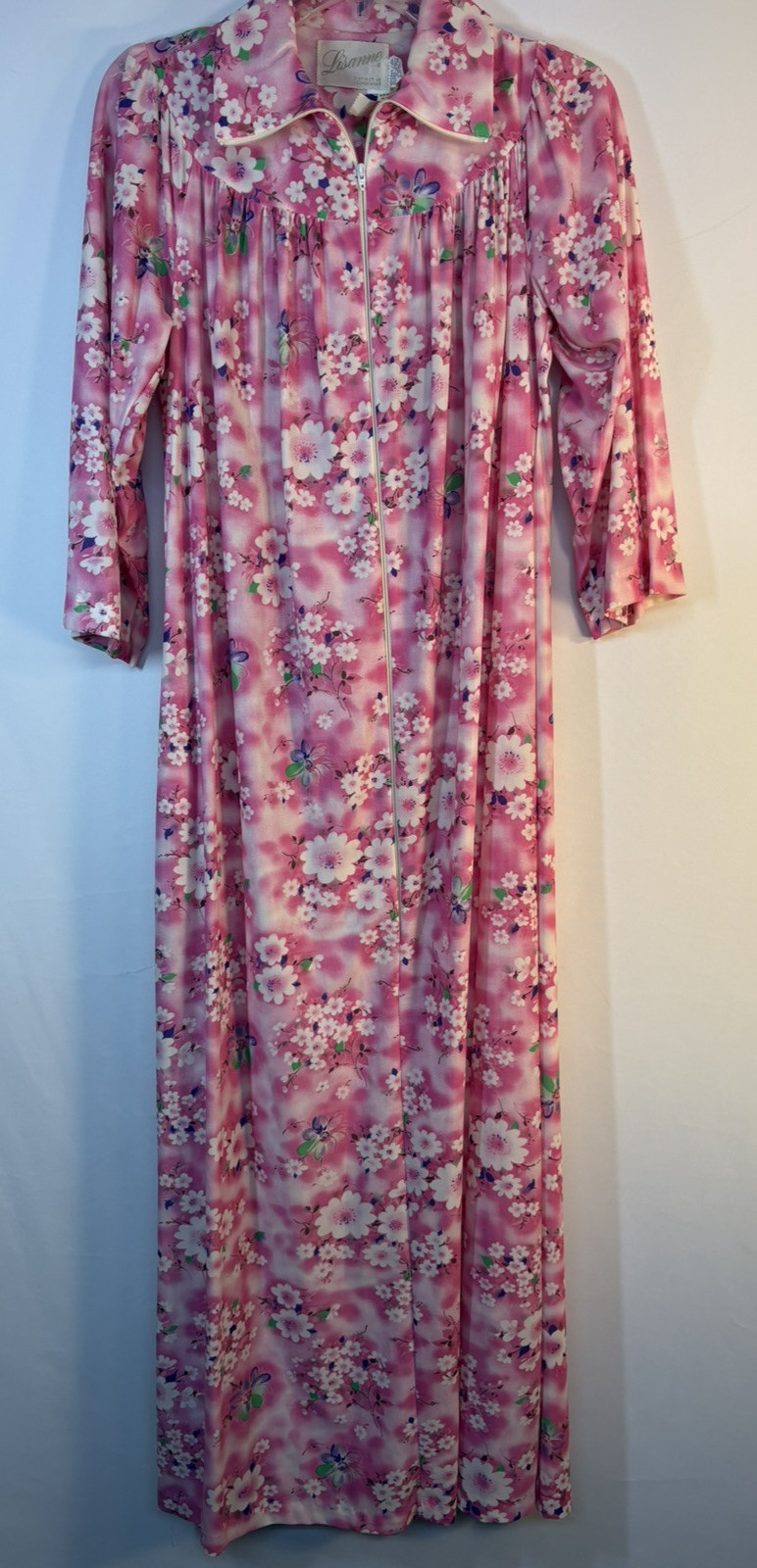 Vintage Lisanne House Dress Size S Small Pink Floral Zipper Big Collar Robe
