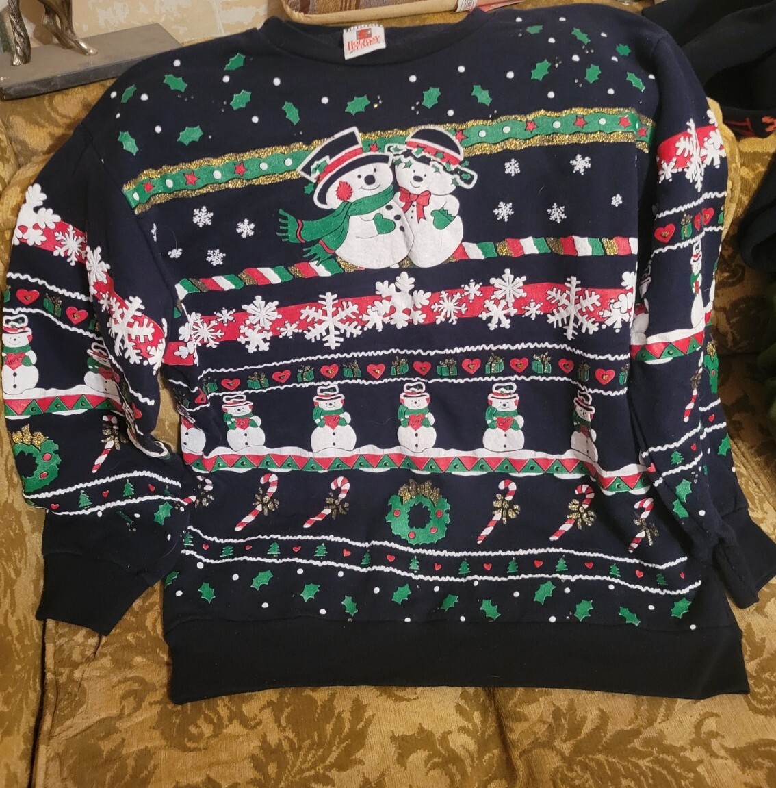 Vtg Holiday Time Sweatshirt Ugly Christmas Sweater Black Puffpaint Snowmen Small