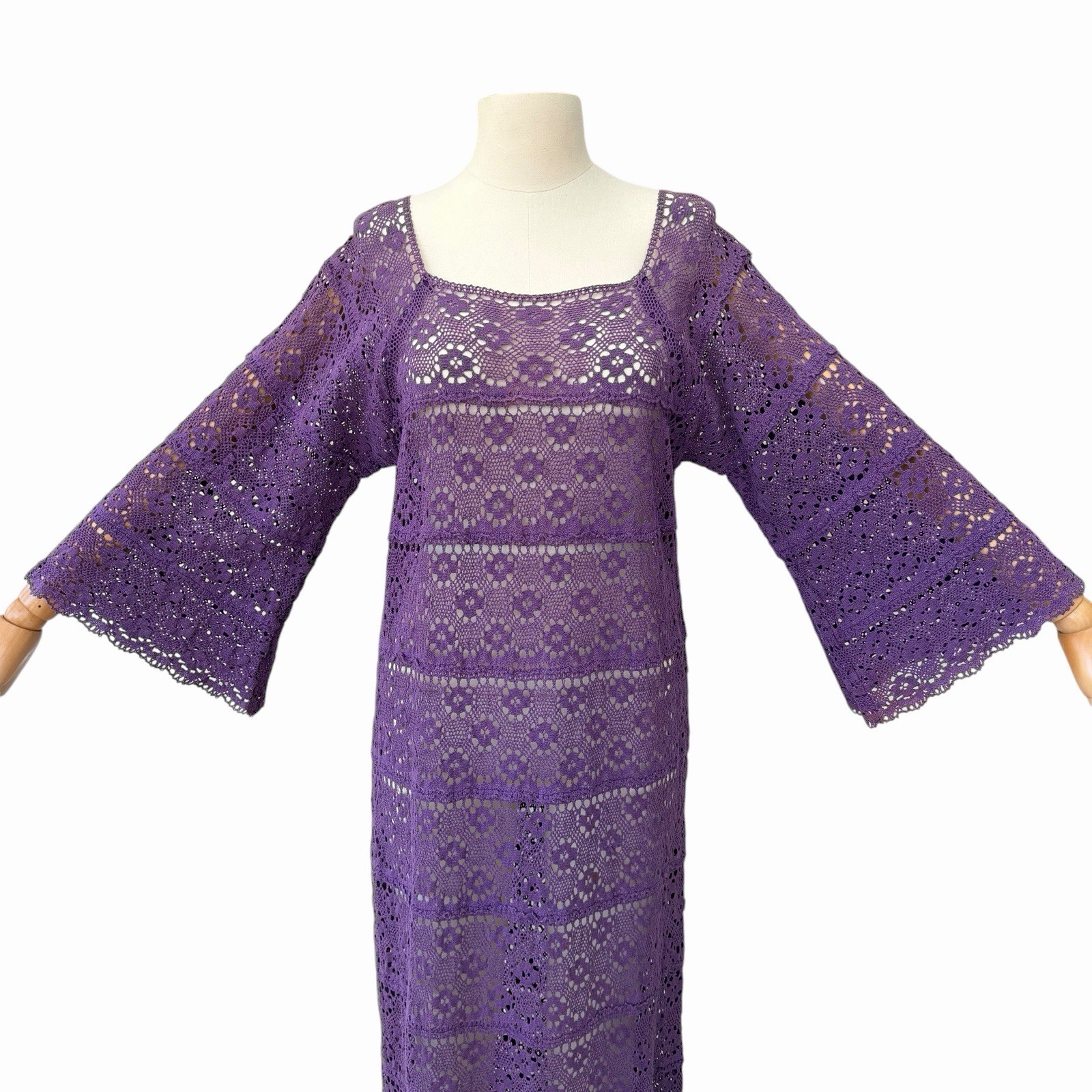 VTG 1960’s Cotton Crochet Maxi Dress, Grape Goddess, Bell Sleeves