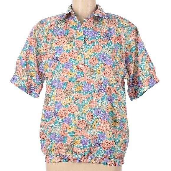 Vintage Loubella Women’s Size 12 Popover Blouse Purple Teal Floral Half Button