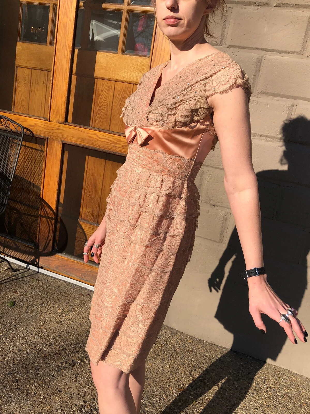 Vintage 50’s Peach Satin and Tan Lace Wiggle Dress Rhinestone Accents