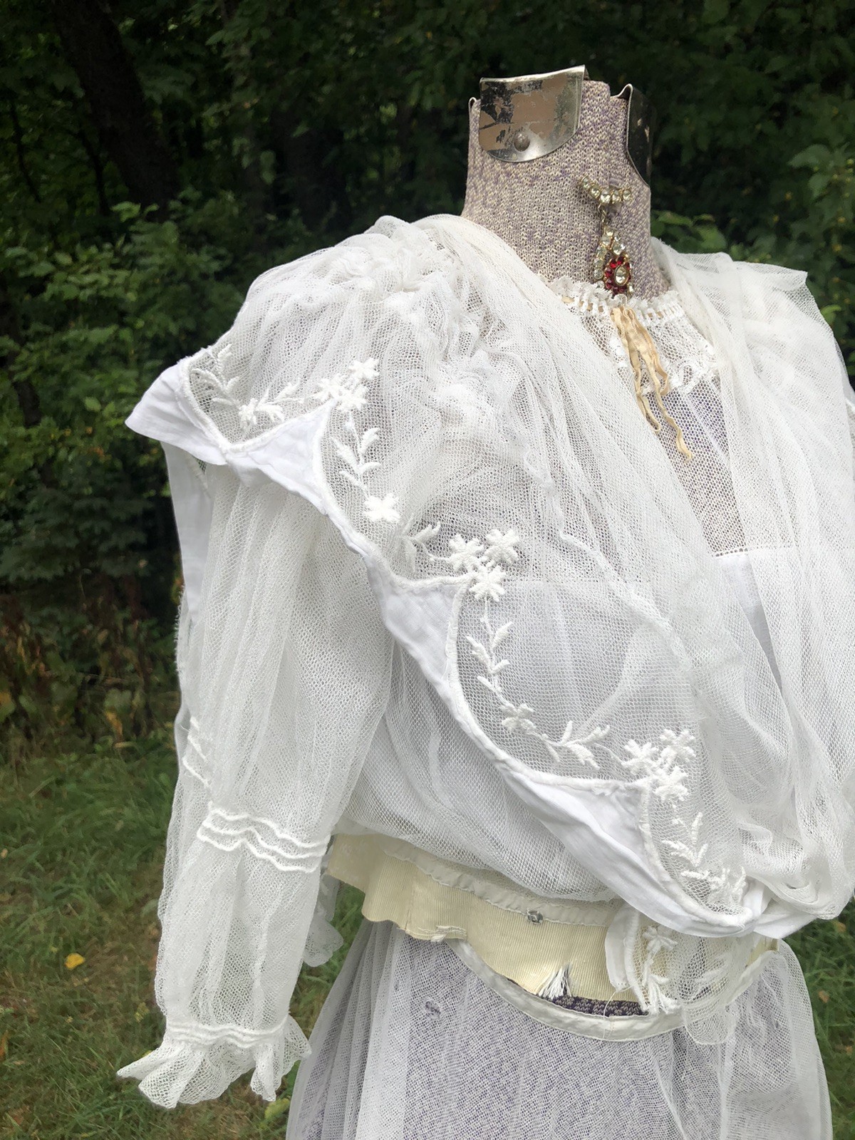 Vintage Edwardian Ethereal 1900’s Sheer Net Embroidery Bodice Skirt B 34” W 28”