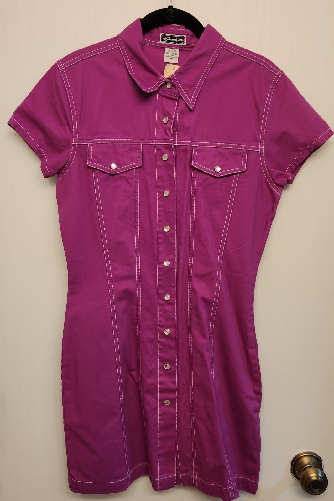 VTG Y2K Xhilaration Magenta Color Utility Dress Size M Snap Closure Short Sleeve