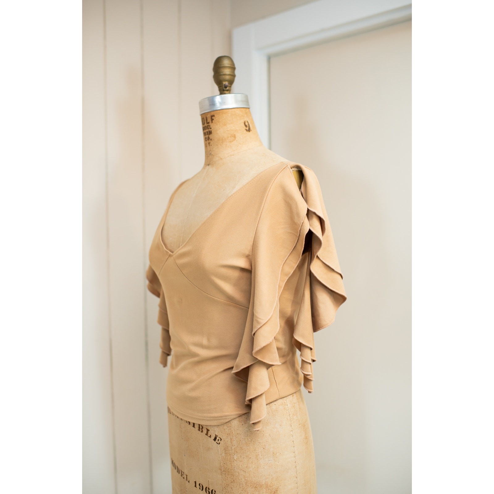 Vintage Y2K Tan Camel Brown Flutter Sleeve Top Fairycore Boho Festival Blouse LG