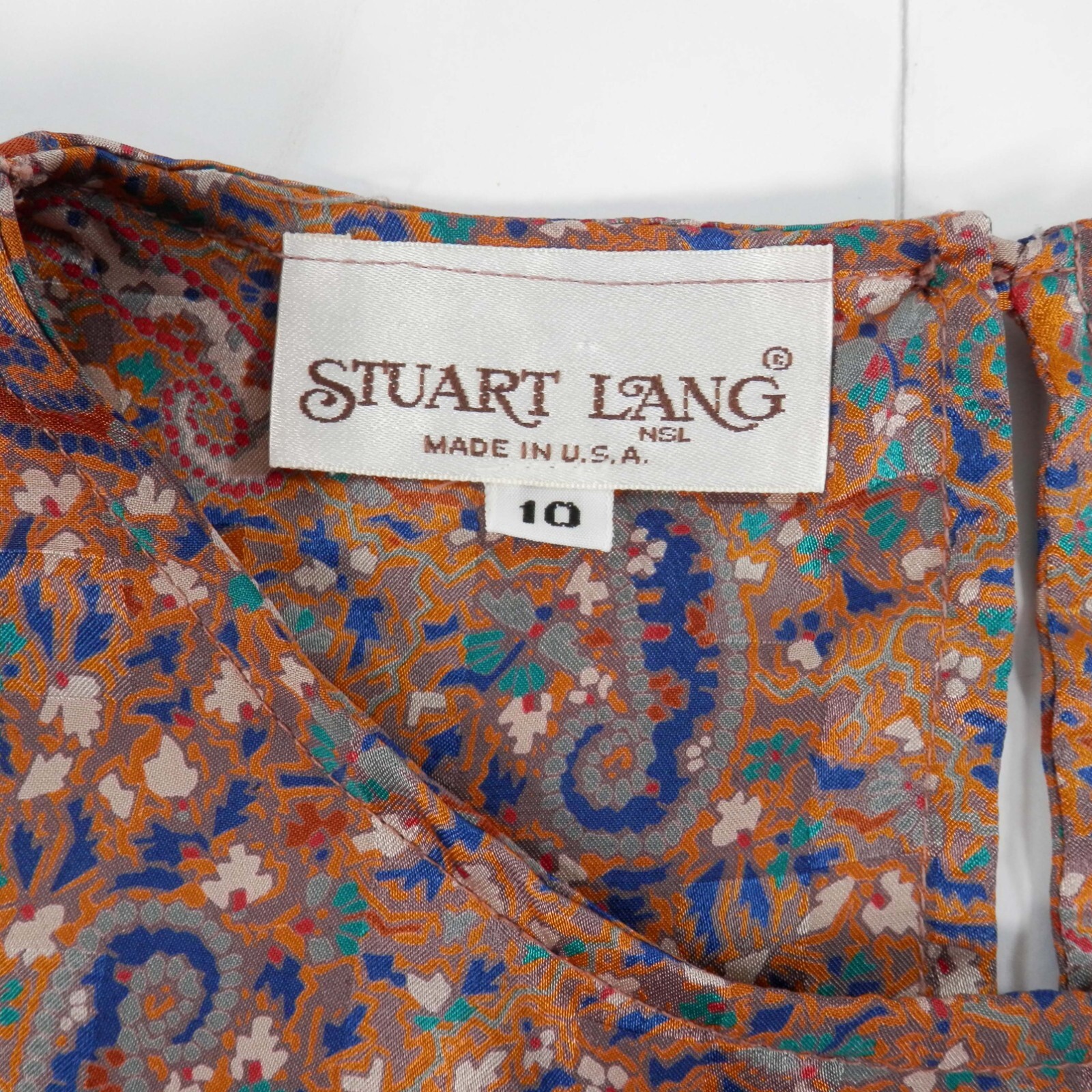 Vintage 70s 80s Womens L Paisley Print Blouse Orange Blue Stuart Lang Silky