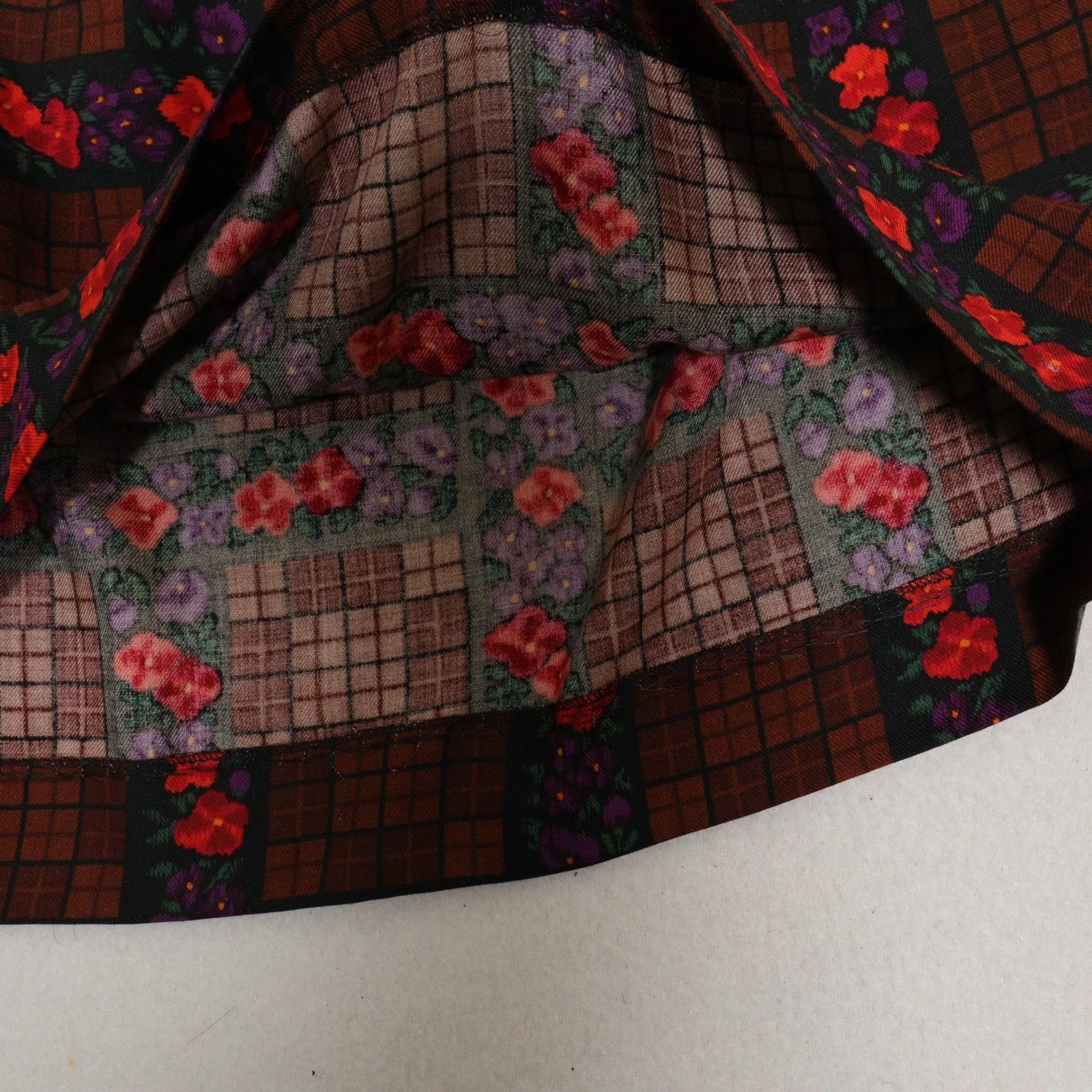 Vtg Oscar de la Renta Miss O Skirt Suit Floral Brown Plaid Velvet Trim Women 8