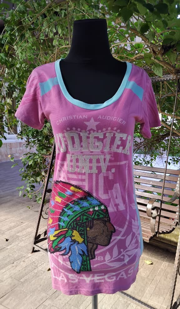 Vintage Ed Hardy Audigier Pink Rhinestone Native American Indian Las Vegas S Y2K