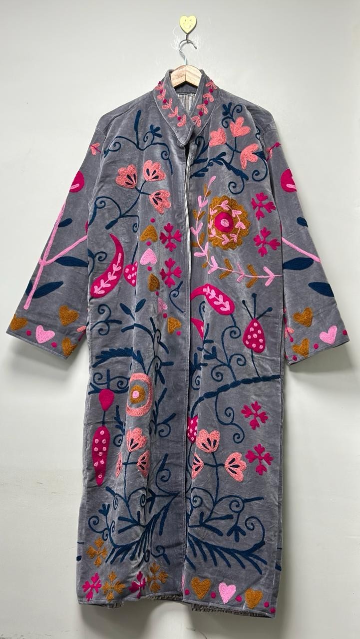 Woman’s Velvet Suzani Coat Embroidered Floral Boho Long Gown & Boho Jackets US