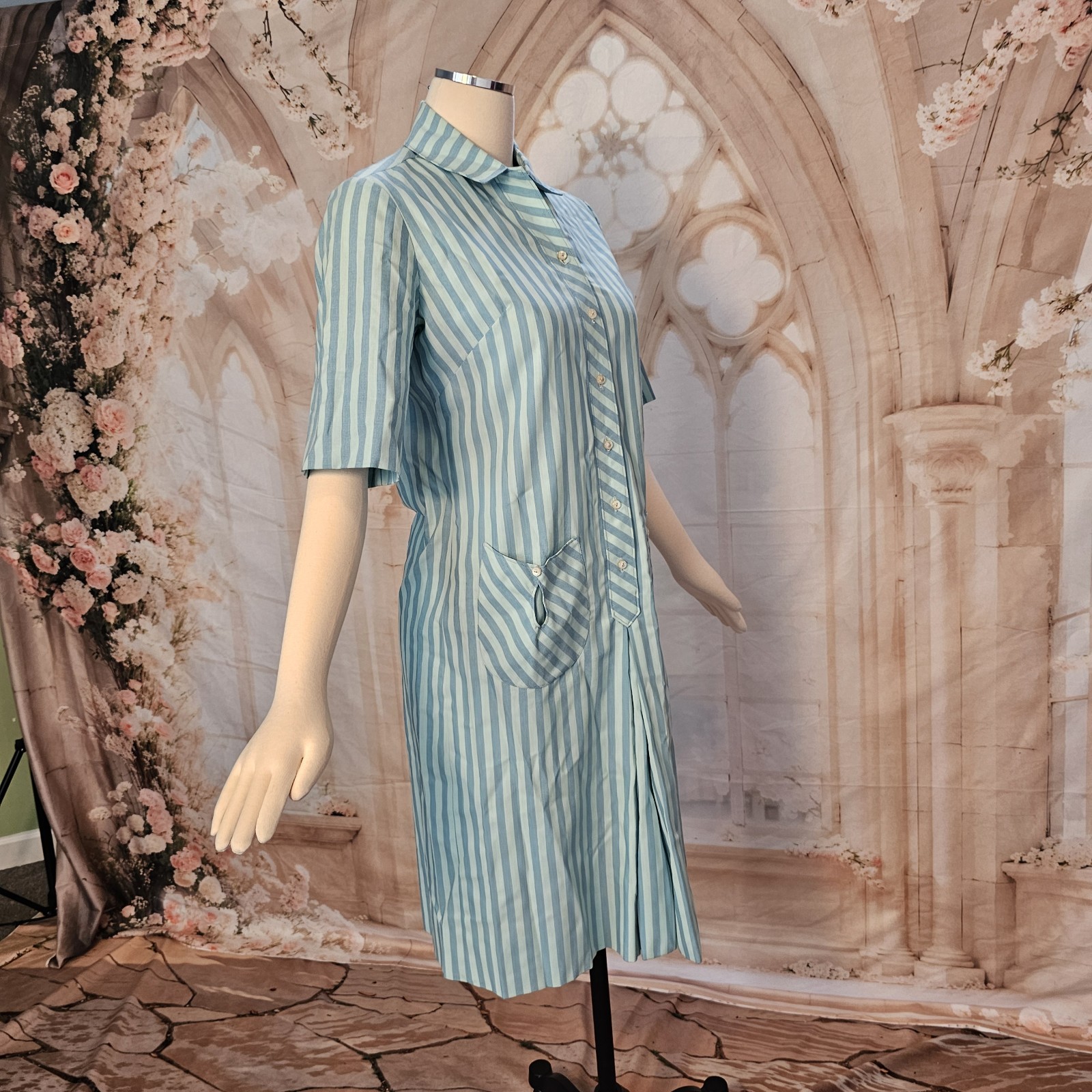 Vintage 1960’s Dress Shift Mod Blue Stripe Pockets Collar Short Sleeves Westbury