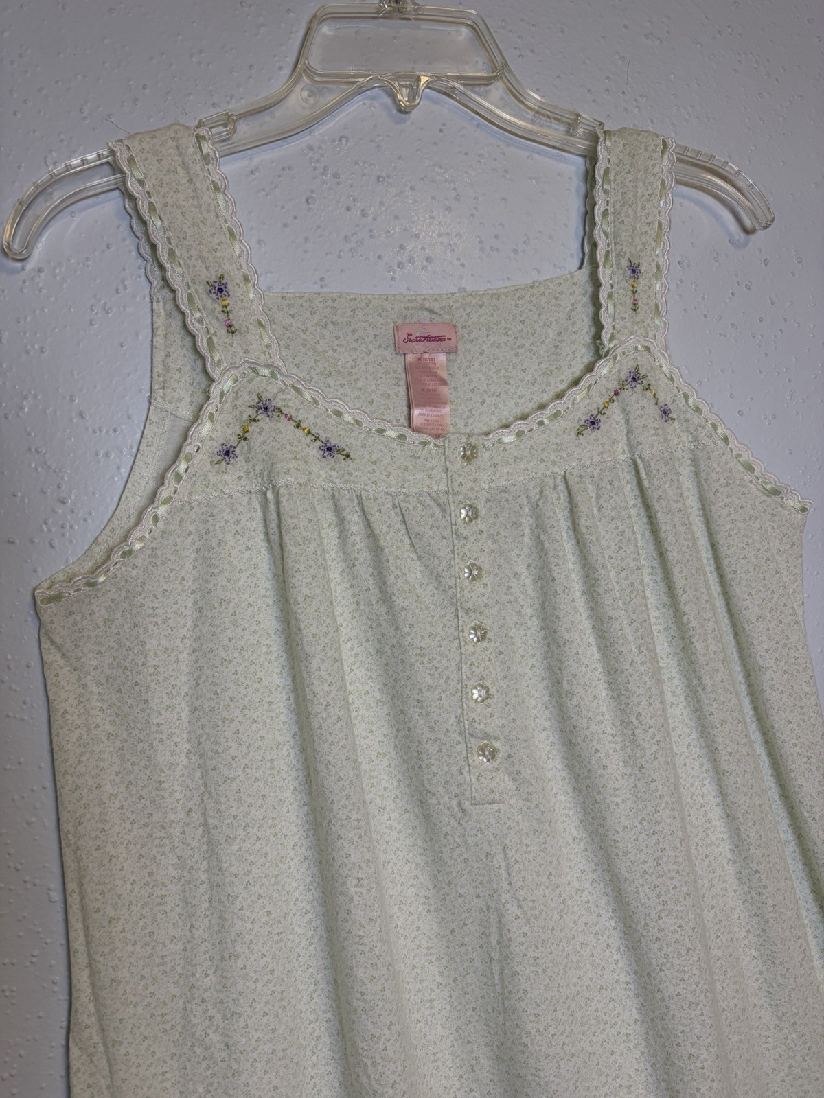 Vtg Secret Treasures Sleeveless Nightgown Embroidered Accents Green Sz M