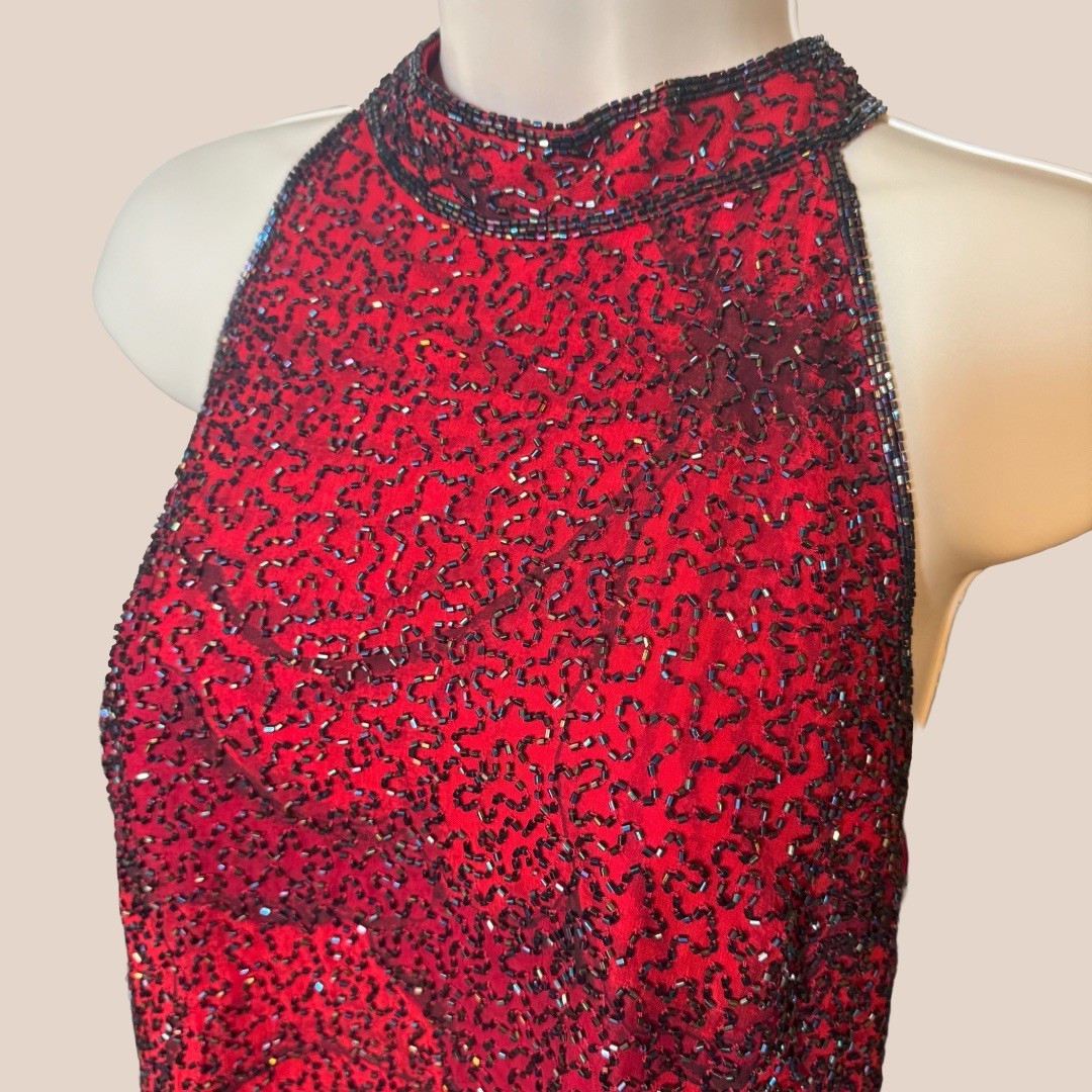 Vintage 90s Andretta Donatello Red Hand Beaded 100% Silk Size M Whimsigoth Glam