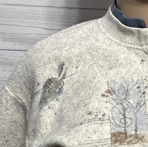 Vintage 90s Artisans Sweatshirt Large Gray Leaf Fall Button Up Fleece Cardigan