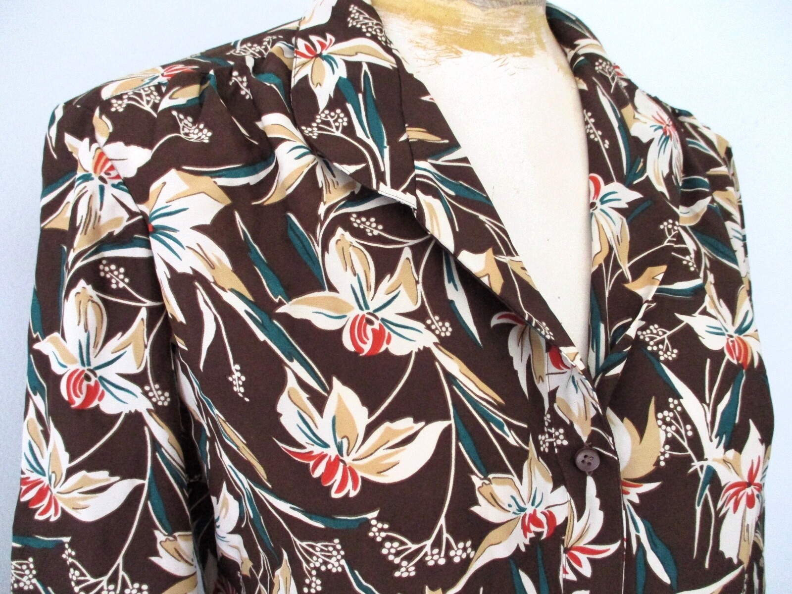 Vtg 70s brown gold lilly floral silky poly secretary blouse top lantern slvs 14