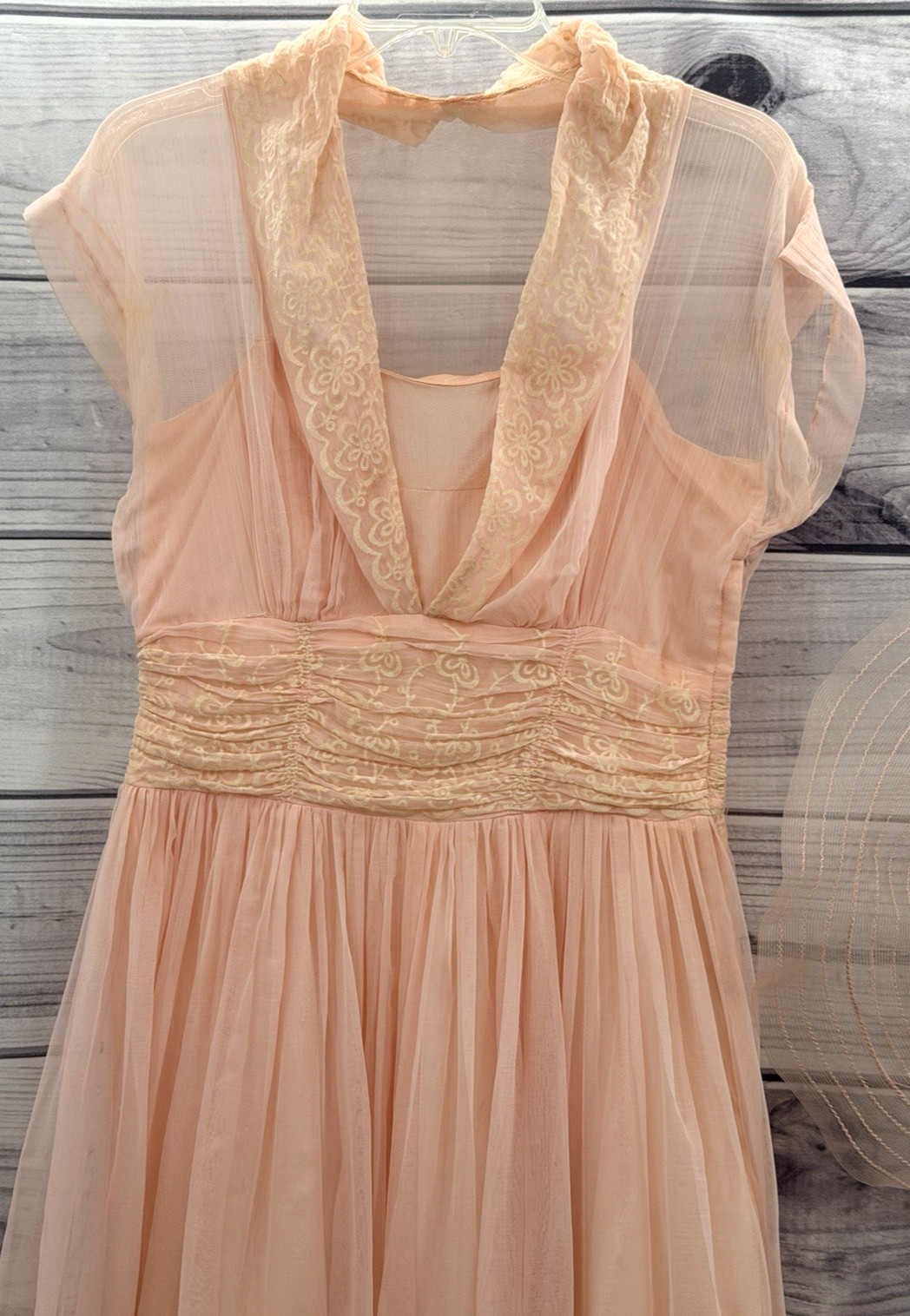 VINTAGE 1950’S CORRINE ORIGINAL PINK FLOOR LENGTH GOWN OPEN CROWN HAT & GLOVES