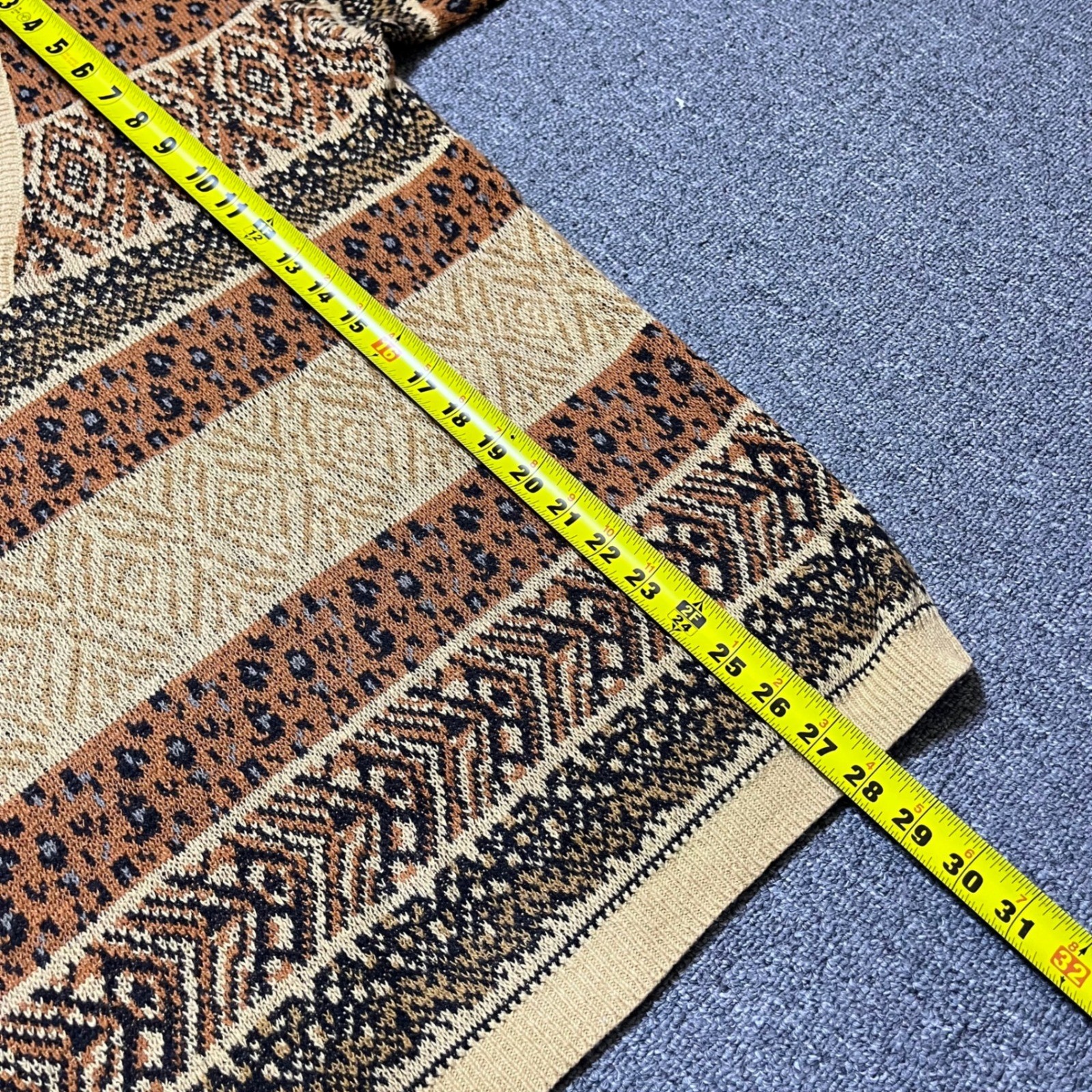 Vintage SK Wear Sweater Small Brown Leopard Fair Isle V-Neck Knit 90s Retro