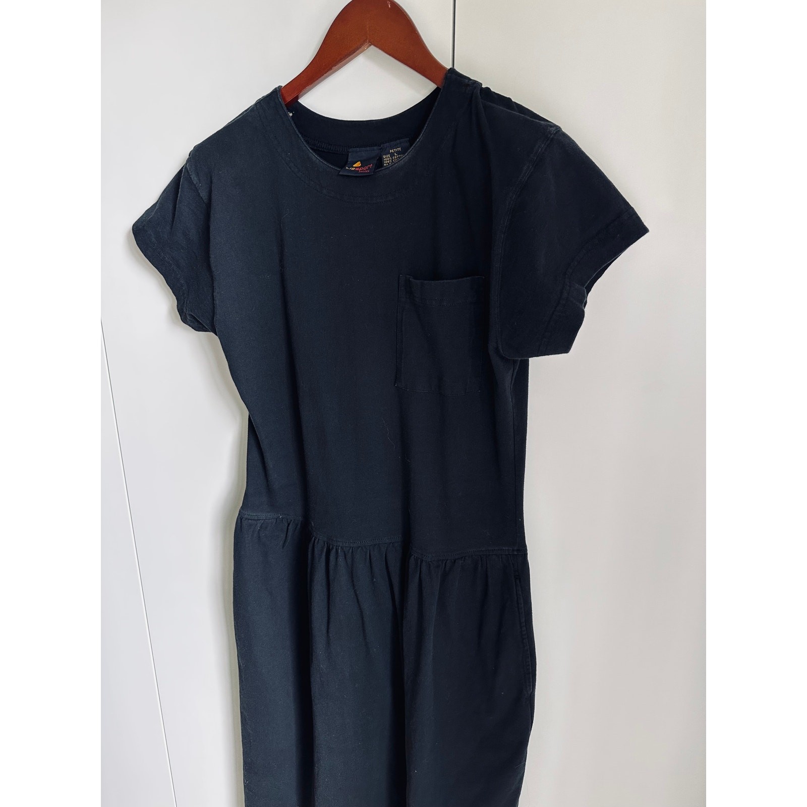 Vtg 90s Liz Wear Black T shirt dress Drop Waist Pockets Midi Fit Cotton S/M