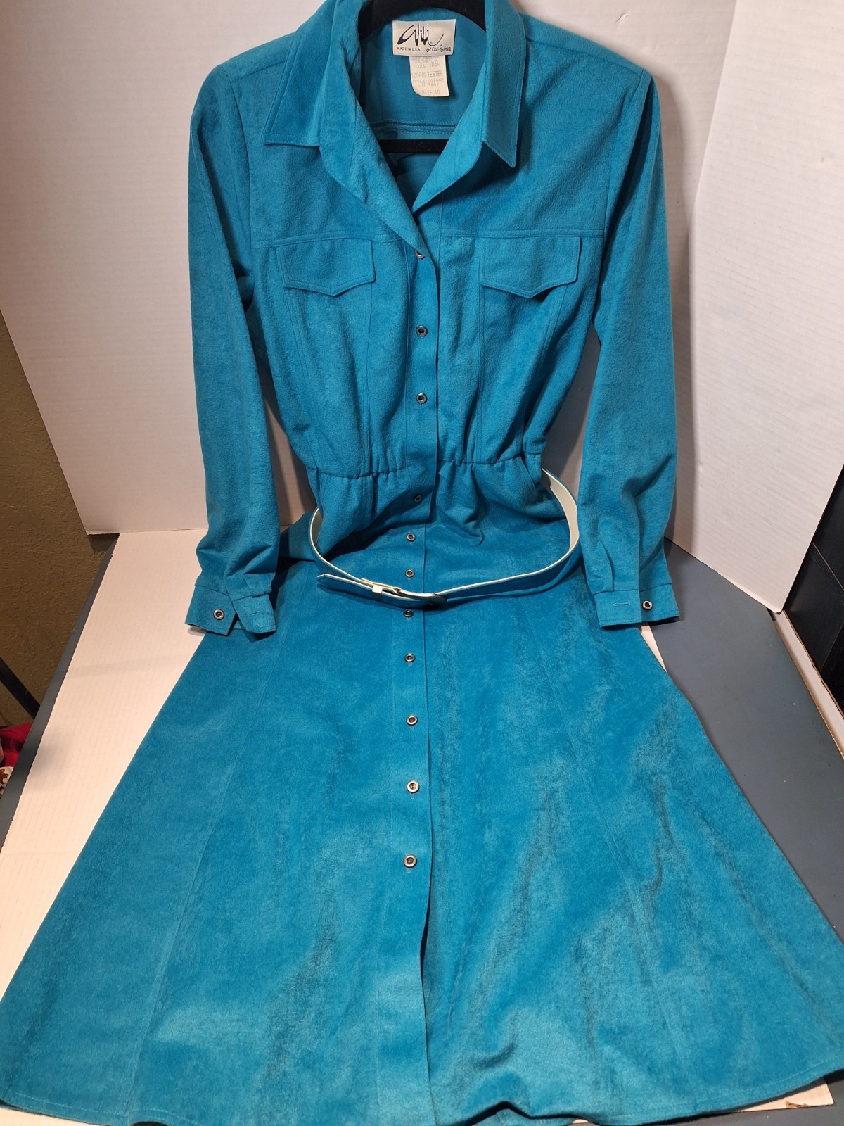 Vintage Willi Dress Woman’s 10 Turquoise Polyester Button Up Belt