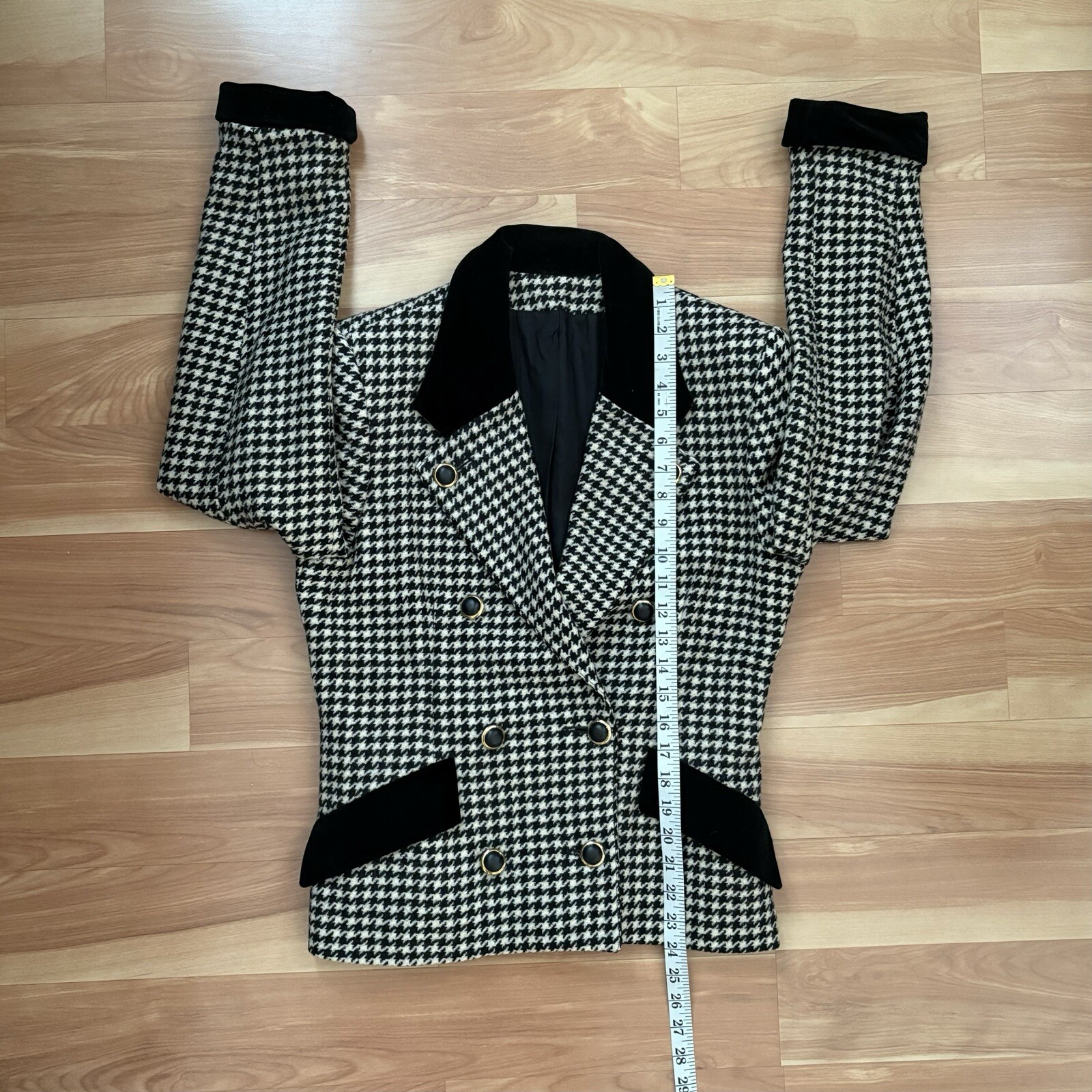 Vintage 80s Black/White Wool Houndstooth Double Breasted Blazer Sz S/M Old Money