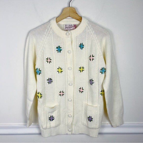 Vintage Rochelle California Embroidered Flower Cottagecore Cardigan 60’s Size S