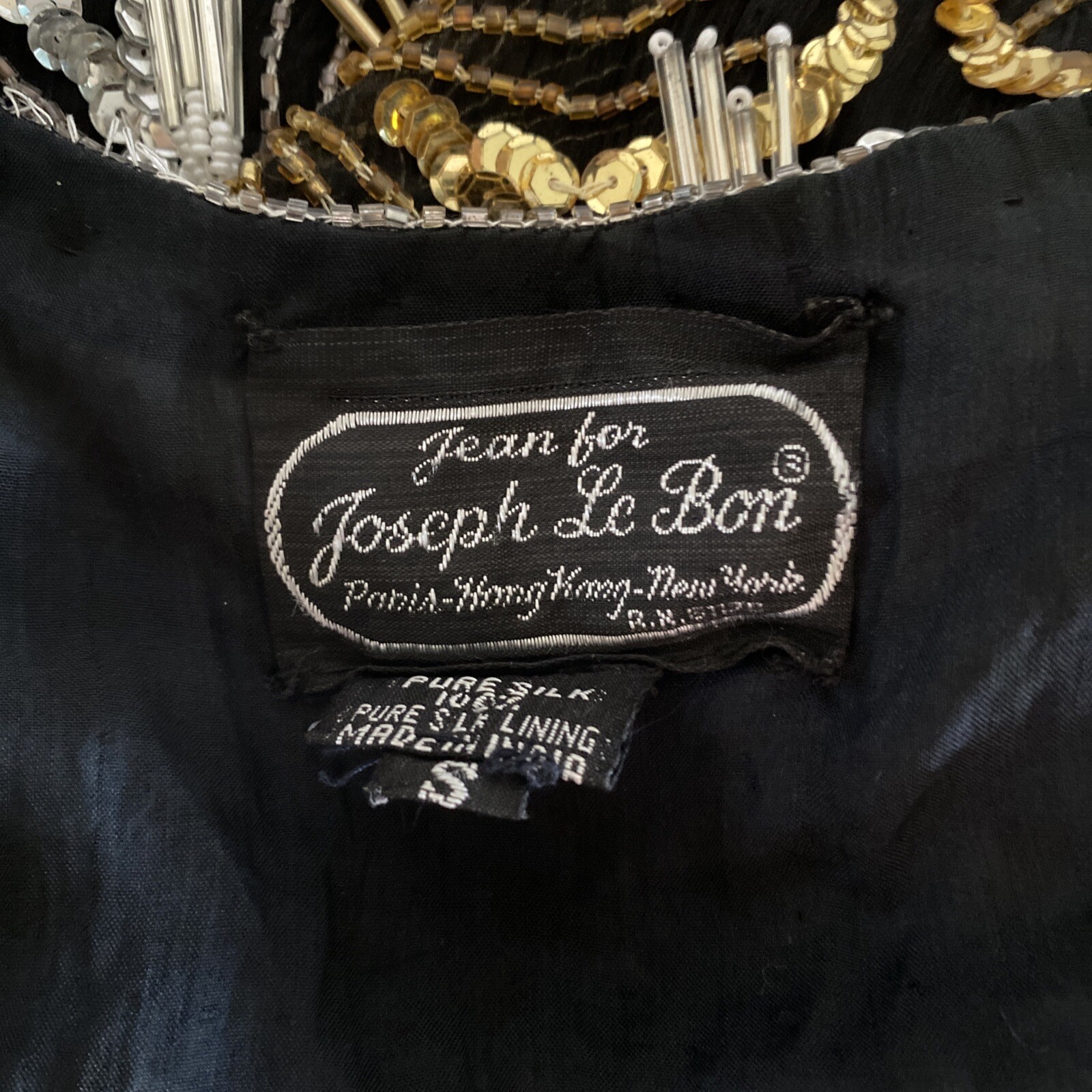 Vintage Jean for Joseph Le Bon Black Silk Sequin Dress Gold Silver 1980’s Size S