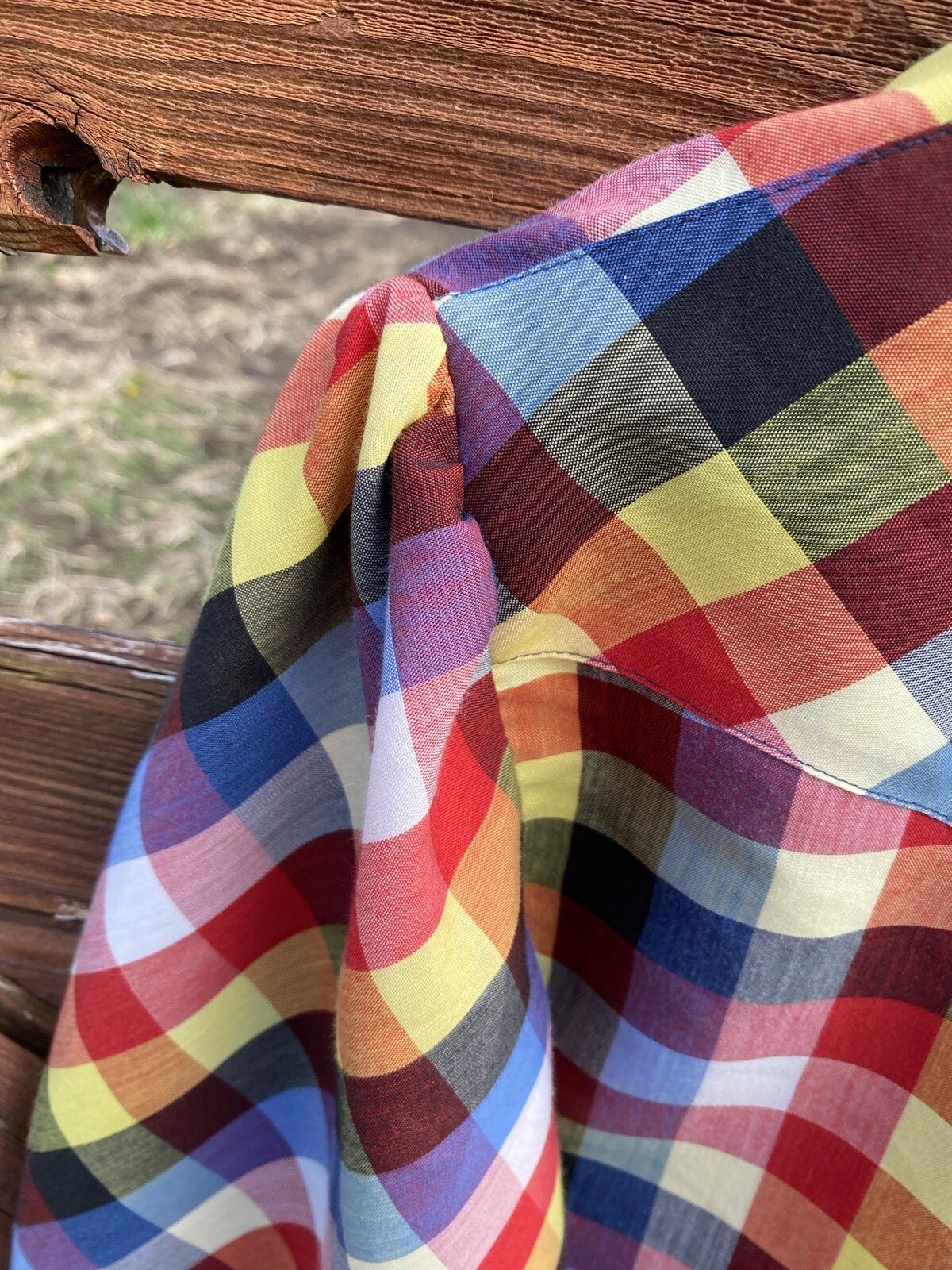 Vintage Panhandle Slim blouse Women’s Western Plaid Ruffle Red Yellow gingham