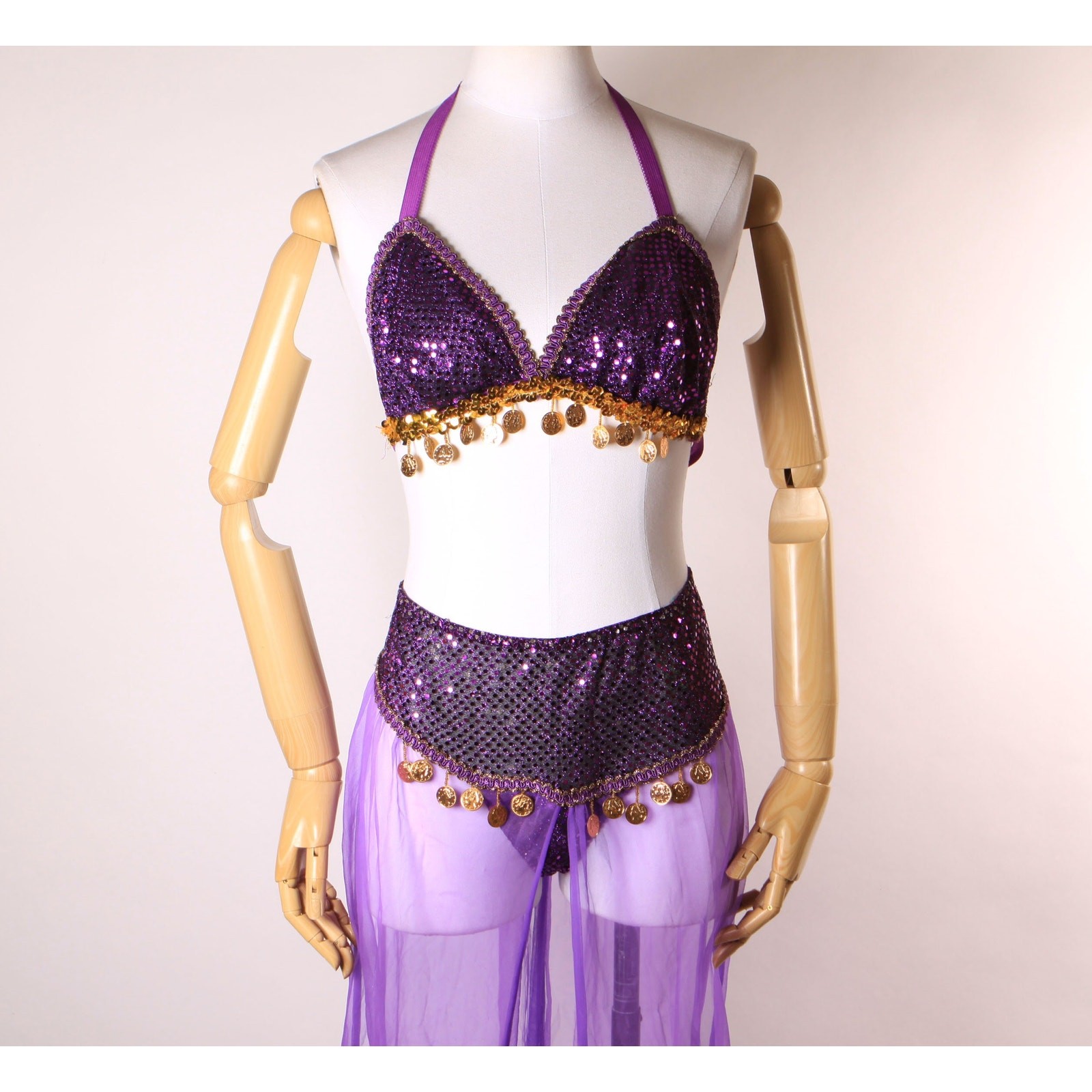 1980s 1990s Purple Gold Bikini Top & Pants Genie Belly Dancer Lingerie Costume