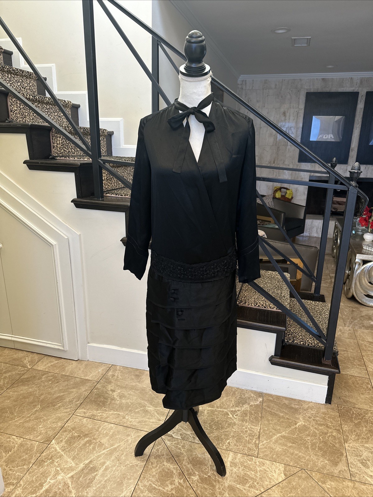 Vintage 1920s Black Satin Tiered Drop Waist Pussy Bow Lace & Embroidered Dress