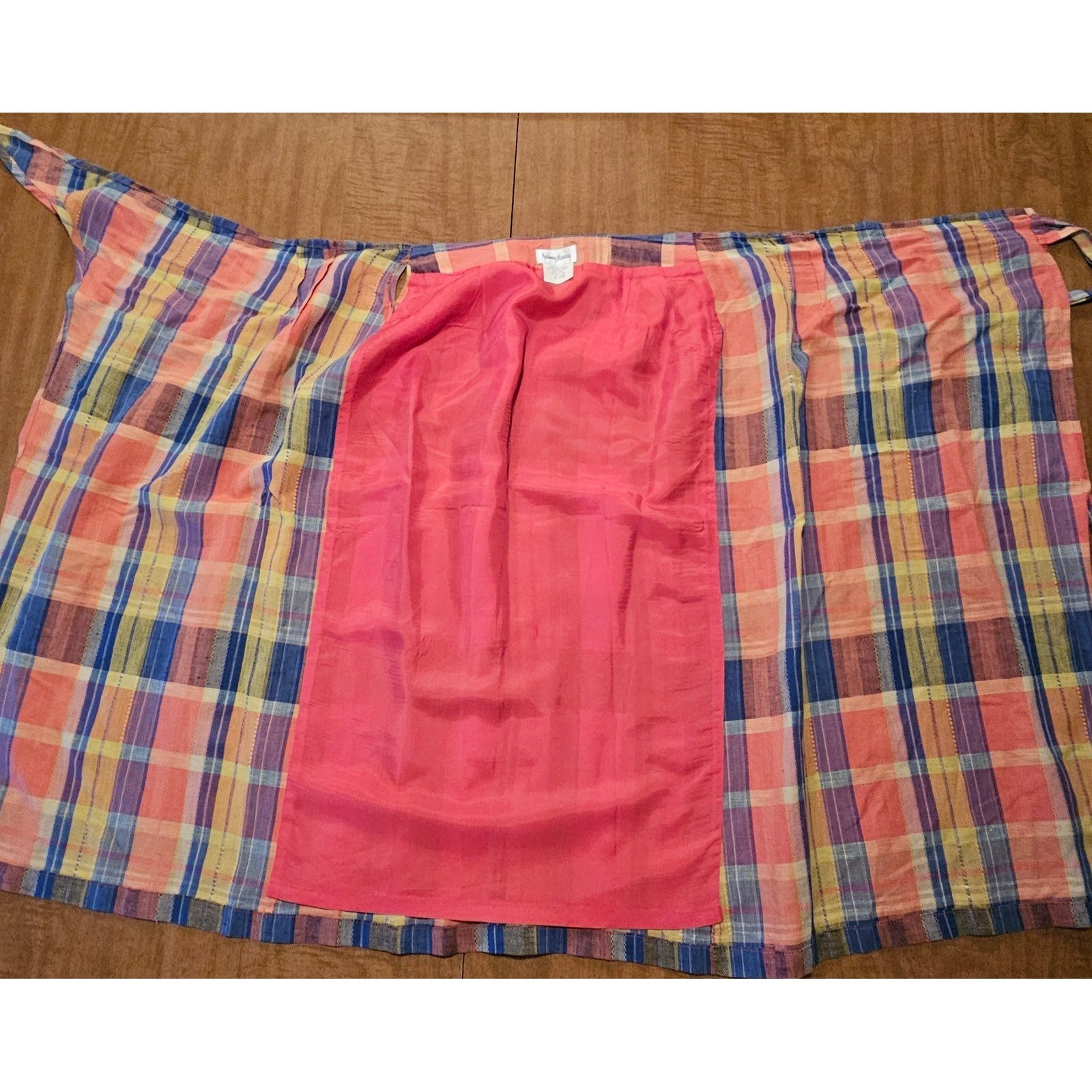 Vintage 80s 90s Neiman Marcus Wrap A-Line Midi Skirt Plaid 8 S M Madras Linen D5
