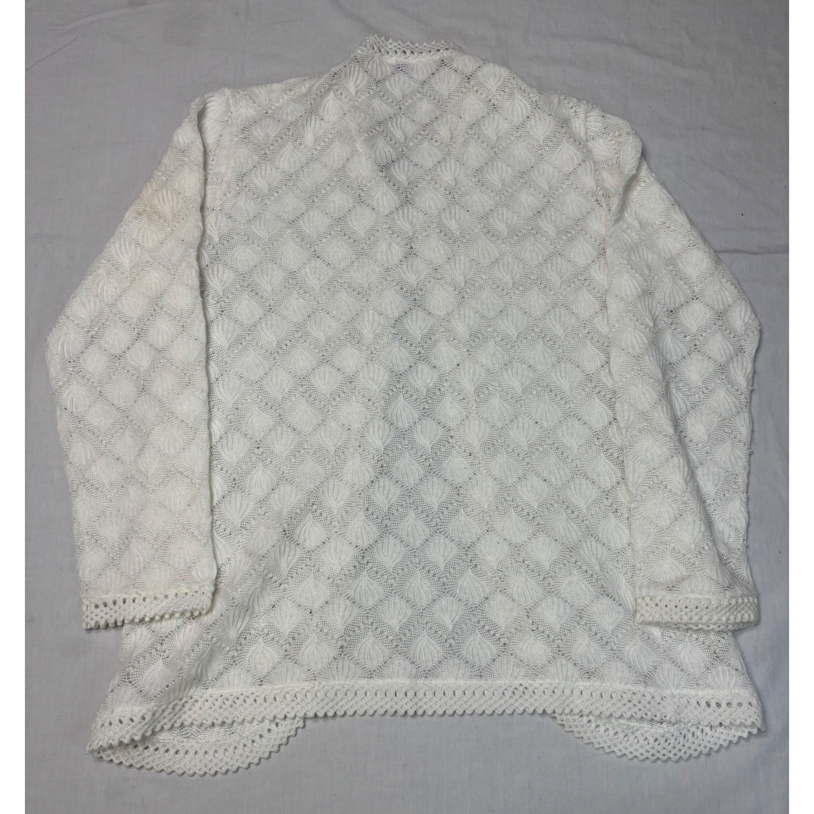 Vintage Barbara Lee White Pointelle Knit Cardigan Open Front Lace Trim Japan