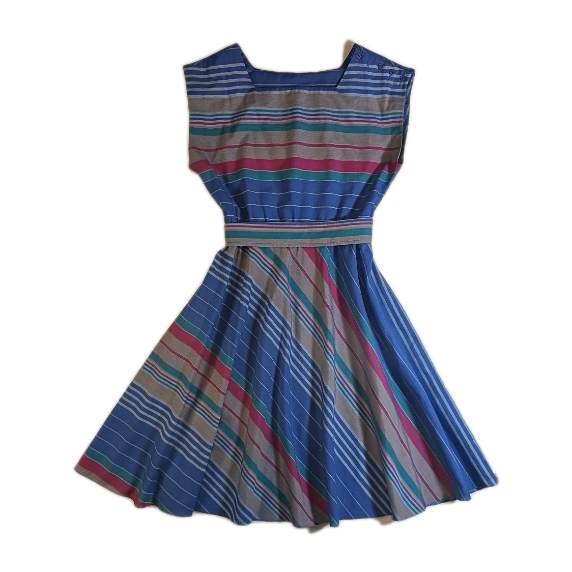 Vintage Blue Burgundy Teal Gray Striped Tabby Midi Dress – Size 6