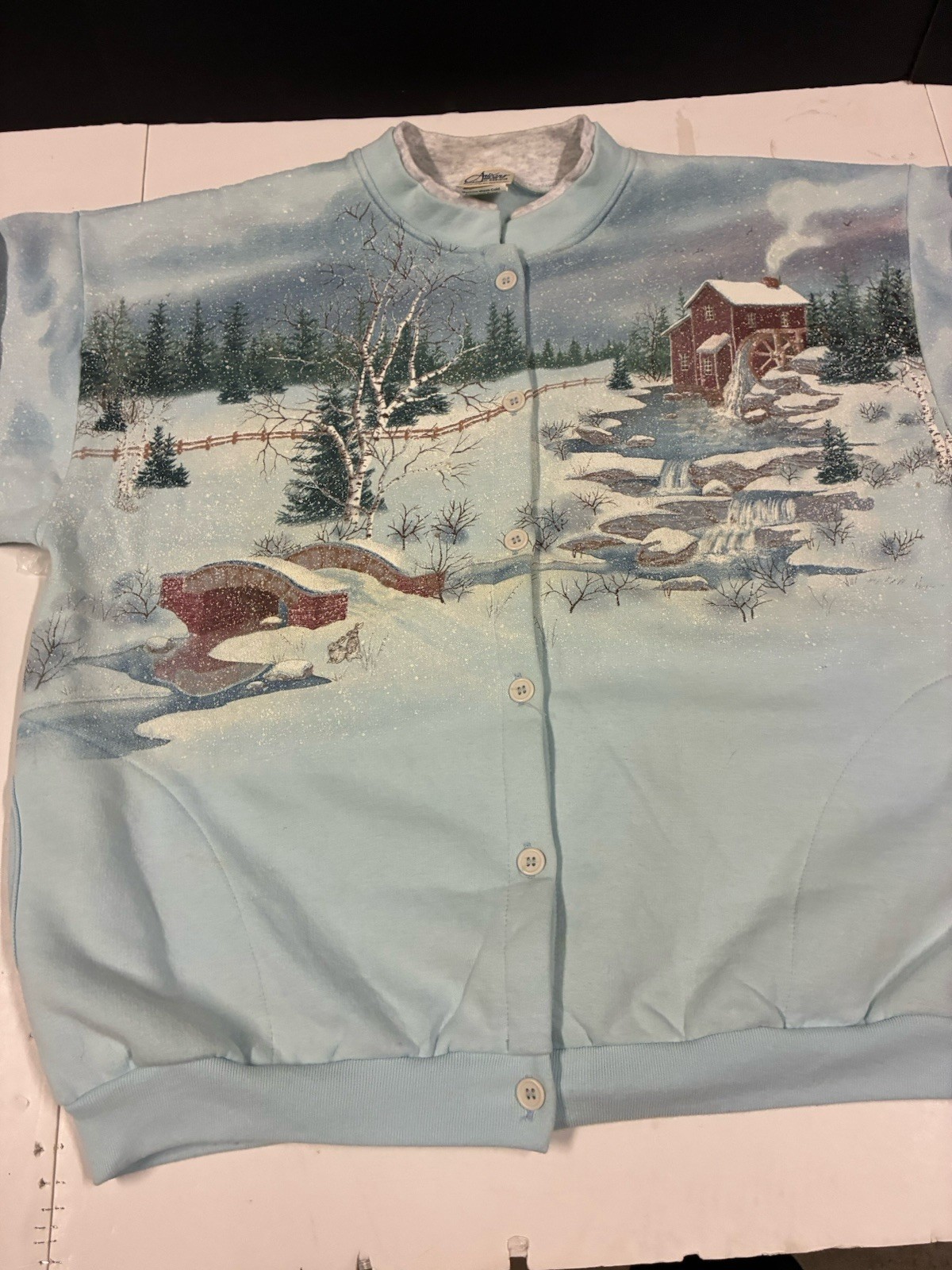 Vtg Winter Scene Graphic Sweatshirt Jacket Women’s Med Grandmacore Button (XL!)