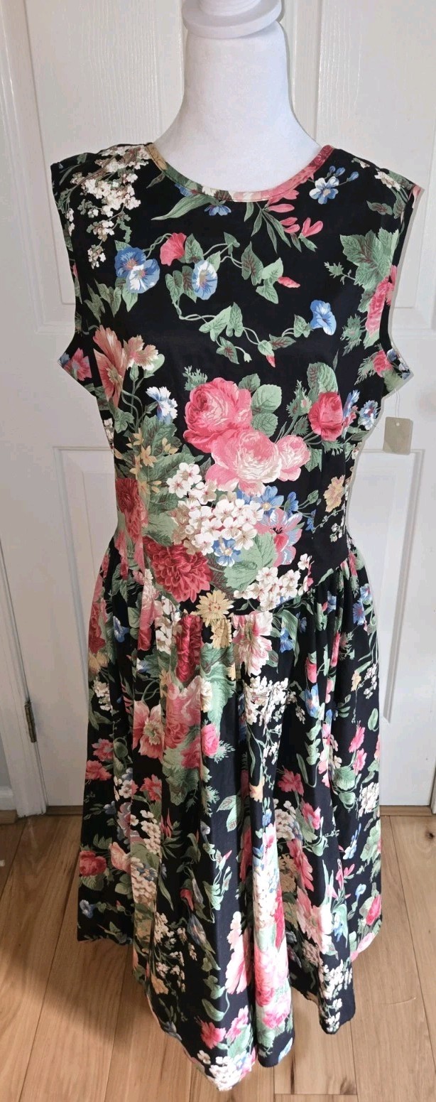 Vtg. NWT 80s Black Pink Floral Garden Tea Party Prom Dress USA Sz. 13/14 Cottage
