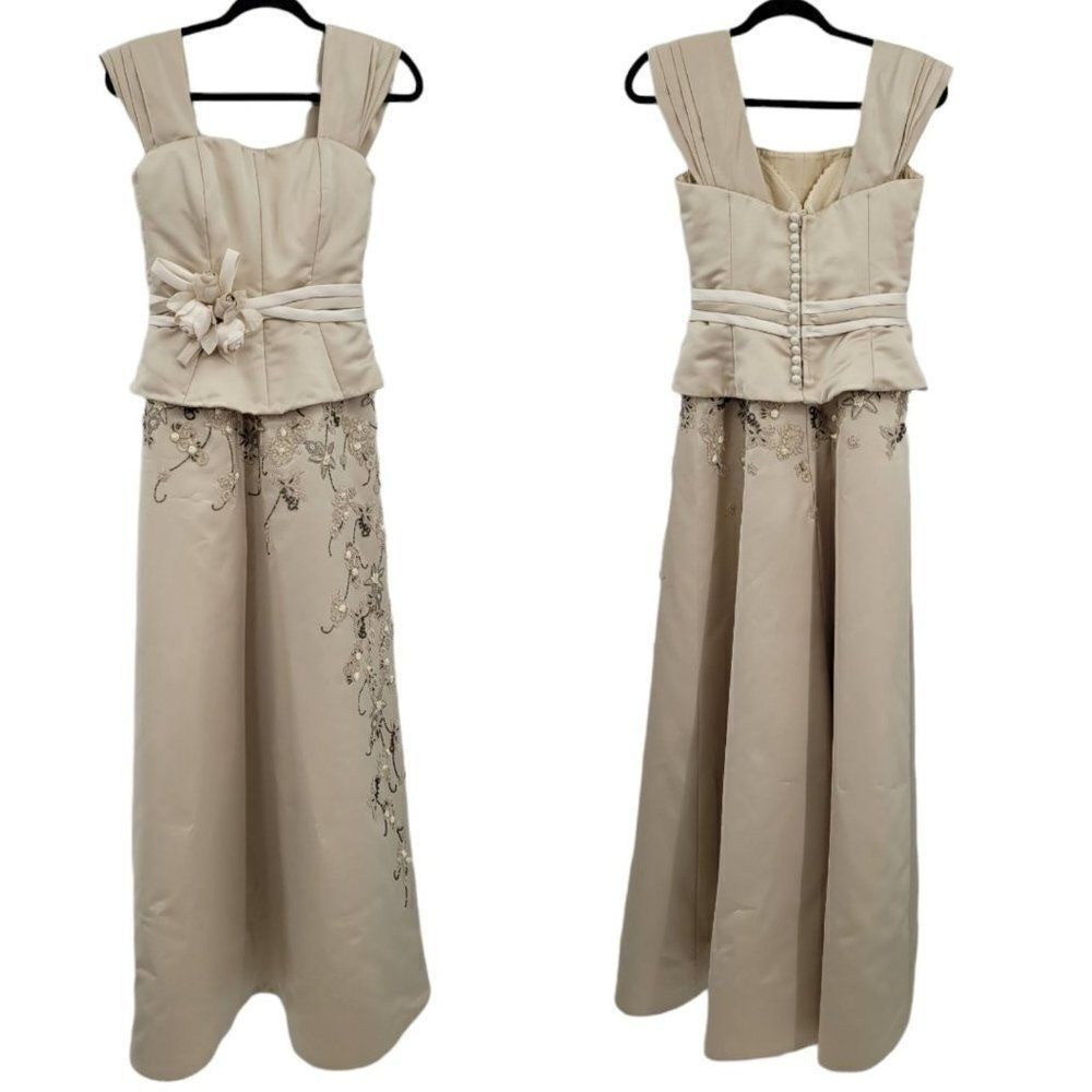 Vtg 90’s San Carlin Satin 3D Floral Embroidered Gown Dress Sz 6 Champaign 2pc