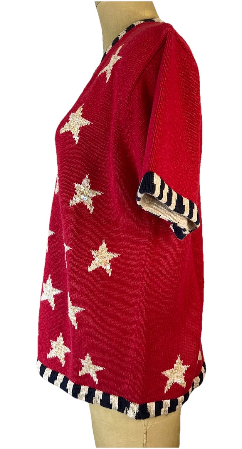 Quacker Factory Vtg 90’sS Sl Chunky Knit Red W/ Sequin Stars Sweater L