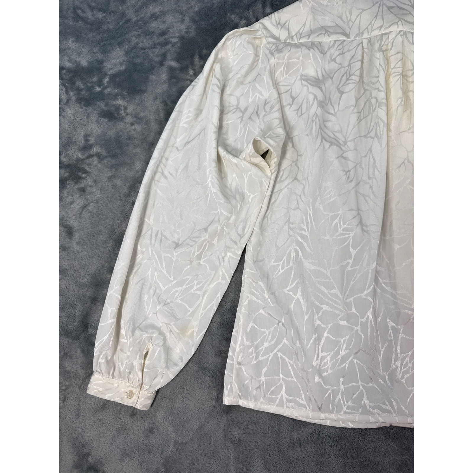 Vtg 80s Ascot Collection Lady Arrow White Leaf Jacquard Blouse Sz 10 Long Sleeve