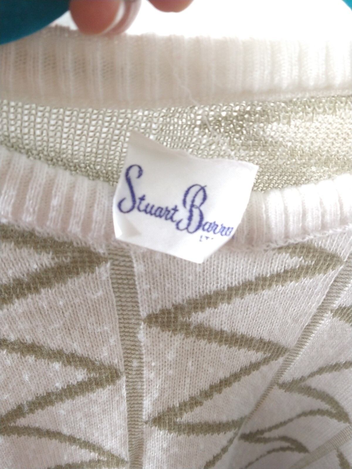 Vtg Acrylic Geometric Sweater Knit Crew Neck 80s 90s S Retro White Tan Preppy