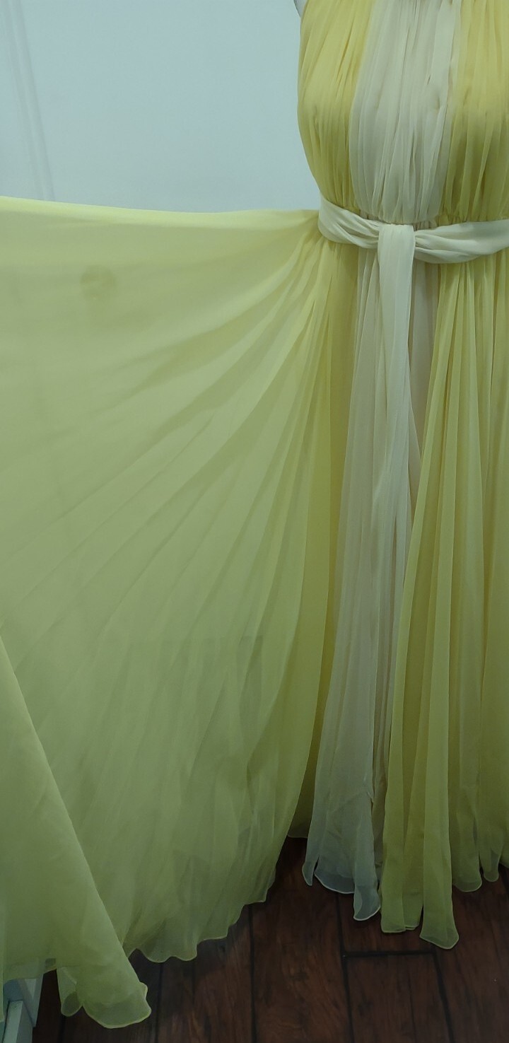 Vintage Kiki Hart NY Two Tone Yellow Chiffon Gown W Trailing Cape Grace Kelly