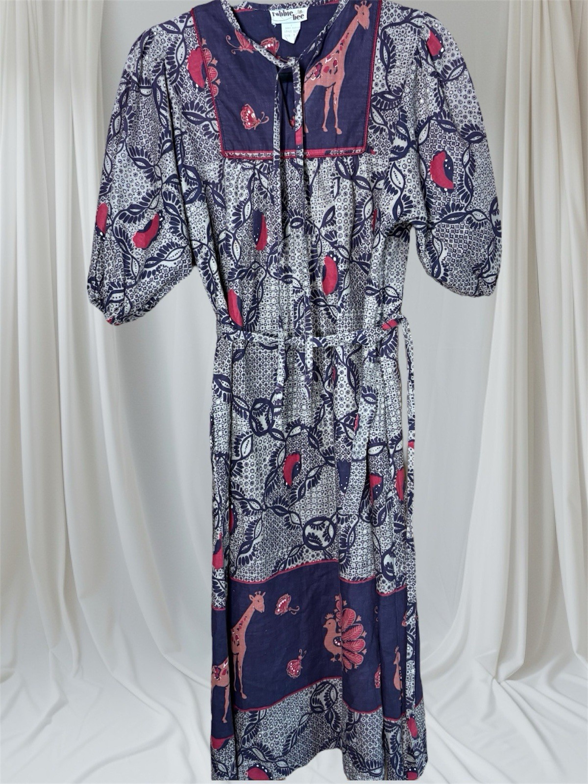VTG 70s Robbie BeeCotton Smock Dress Boho giraffes Peacock Batik Look Sz 9/10