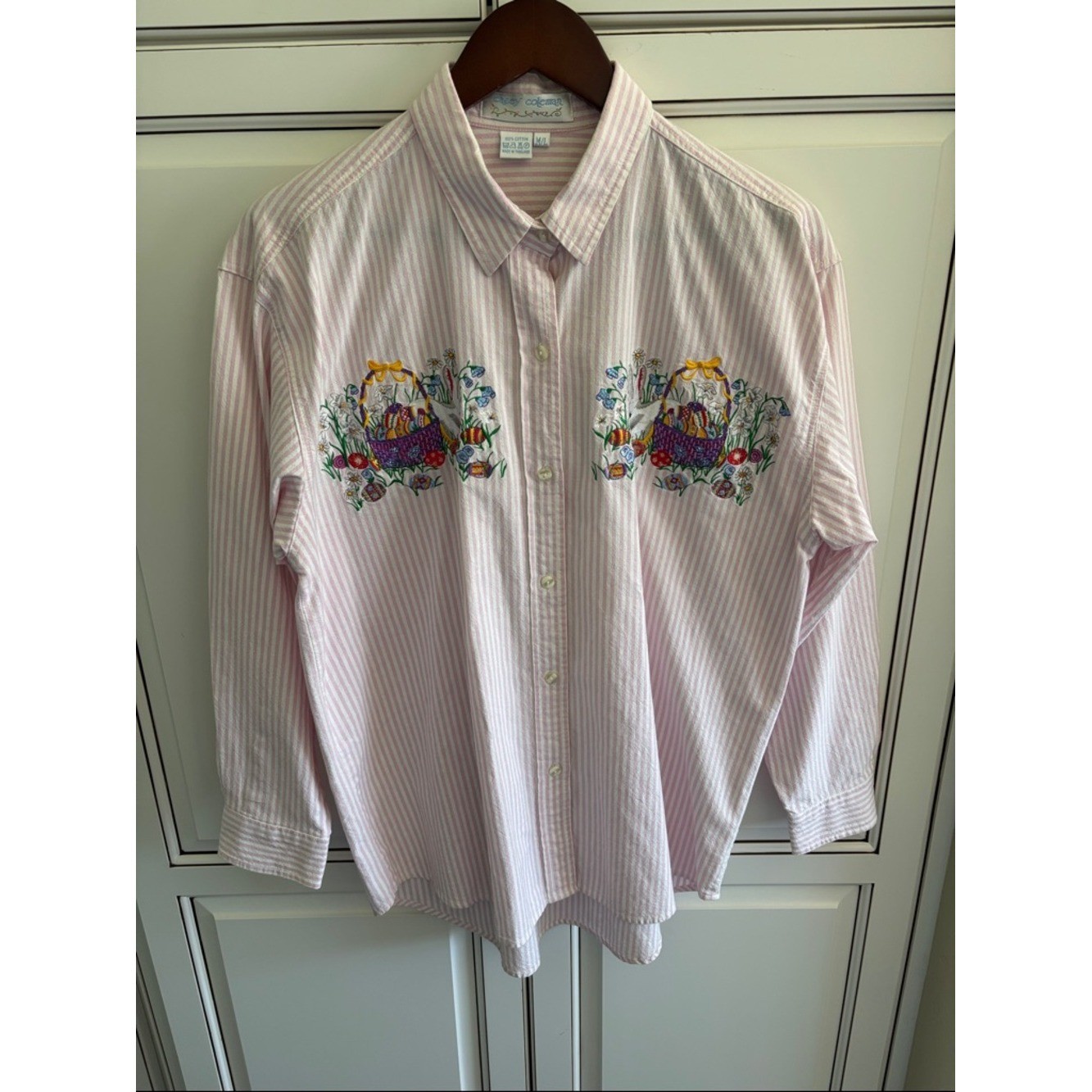 Vtg Casey Coleman Pink Striped Embroidered Floral Cottage Easter Shirt Women L