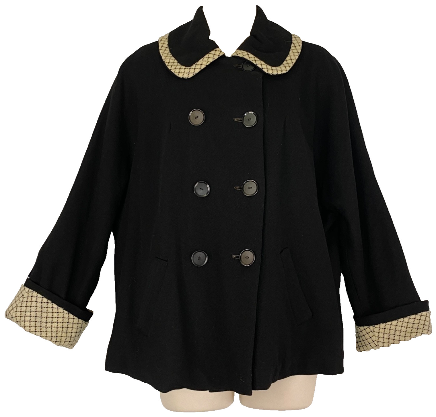 Vintage 1950s black wool oversized jacket ivory white reversible pea coat