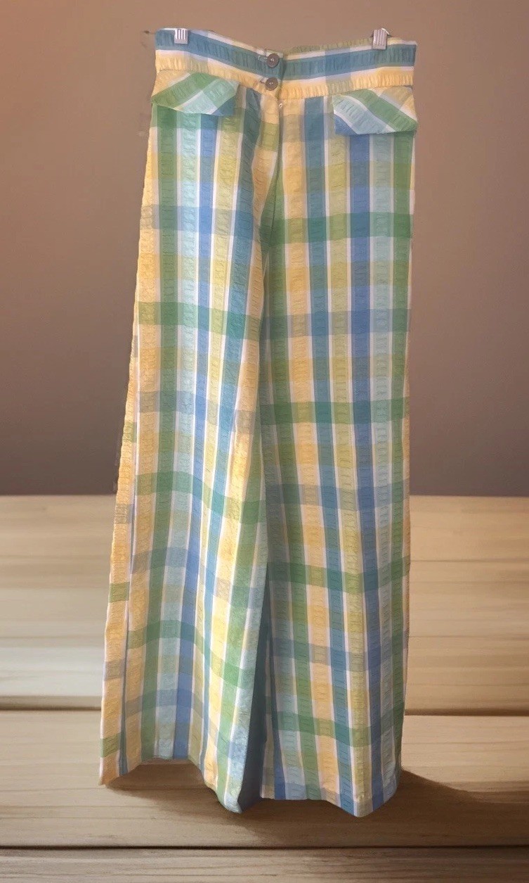 1970’s Vintage Step Ladder Green Yellow Striped Seersucker Pants Slacks