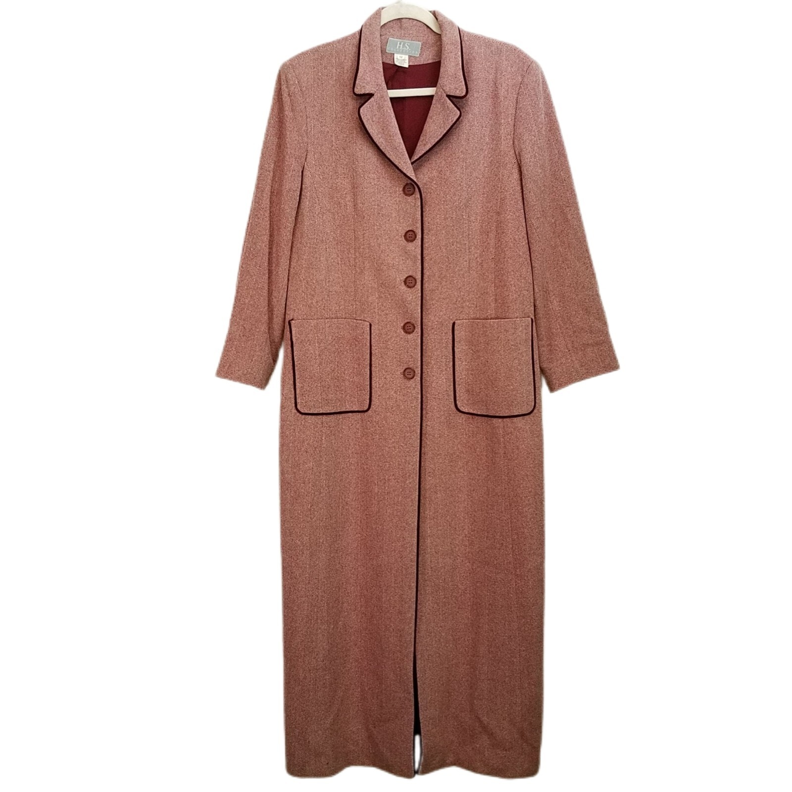 Vintage 1980s Red Chevron Pattern Floor Length Wool/Camel Hair Button Up Coat 12