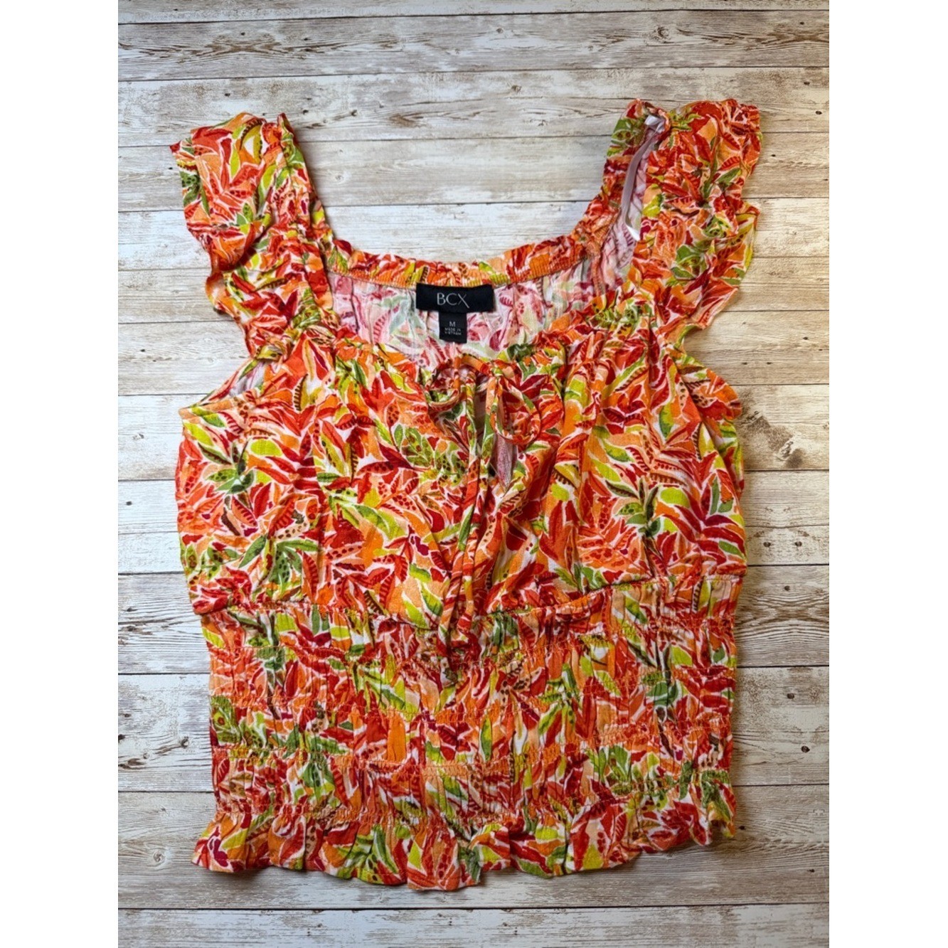BCX Orange Floral Ruffled Smocked Camisole with Green Accents size XL