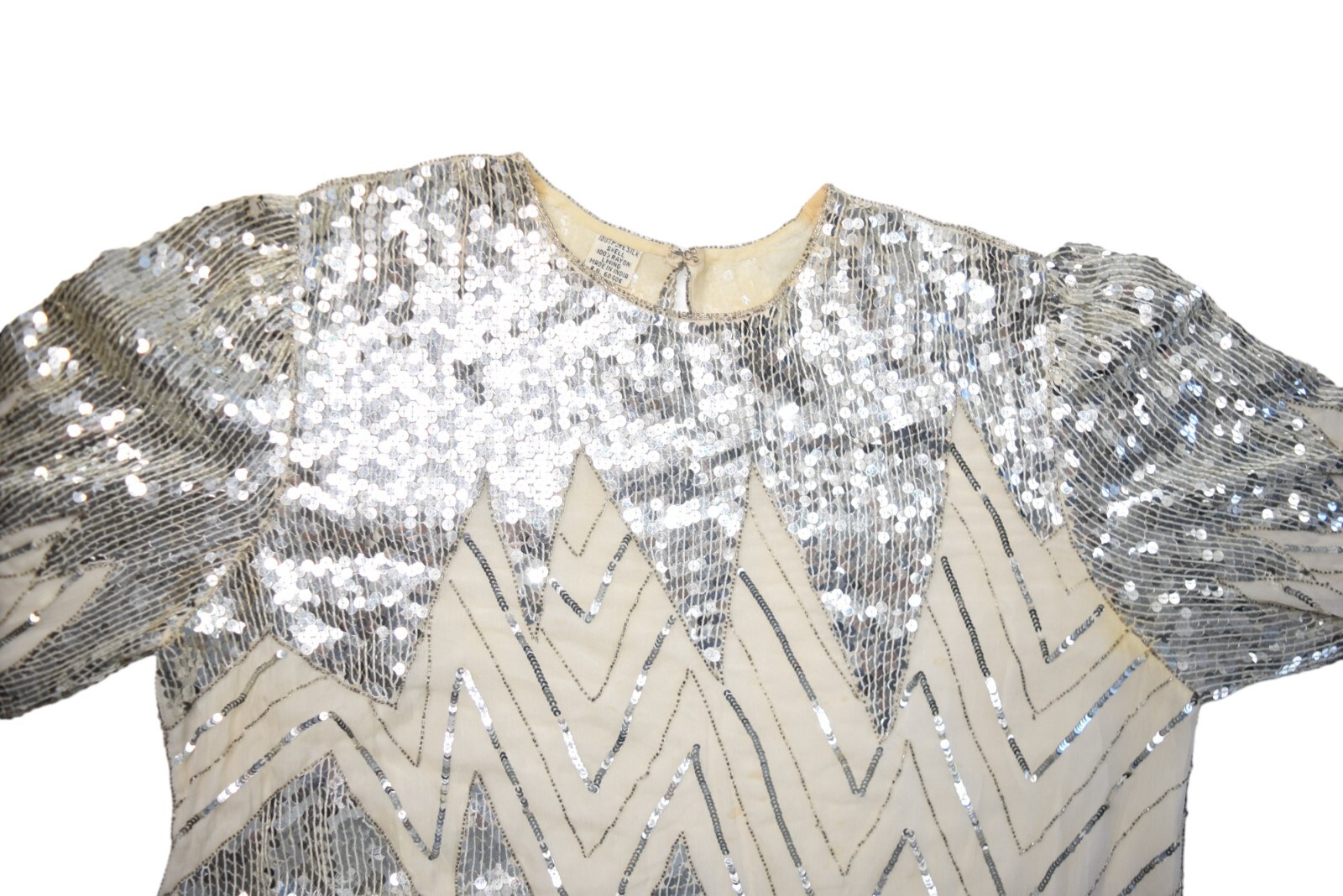 Vintage Sequin Top Womens XL Silk Silver Dance Disco Asymmetric Zig Zag Club