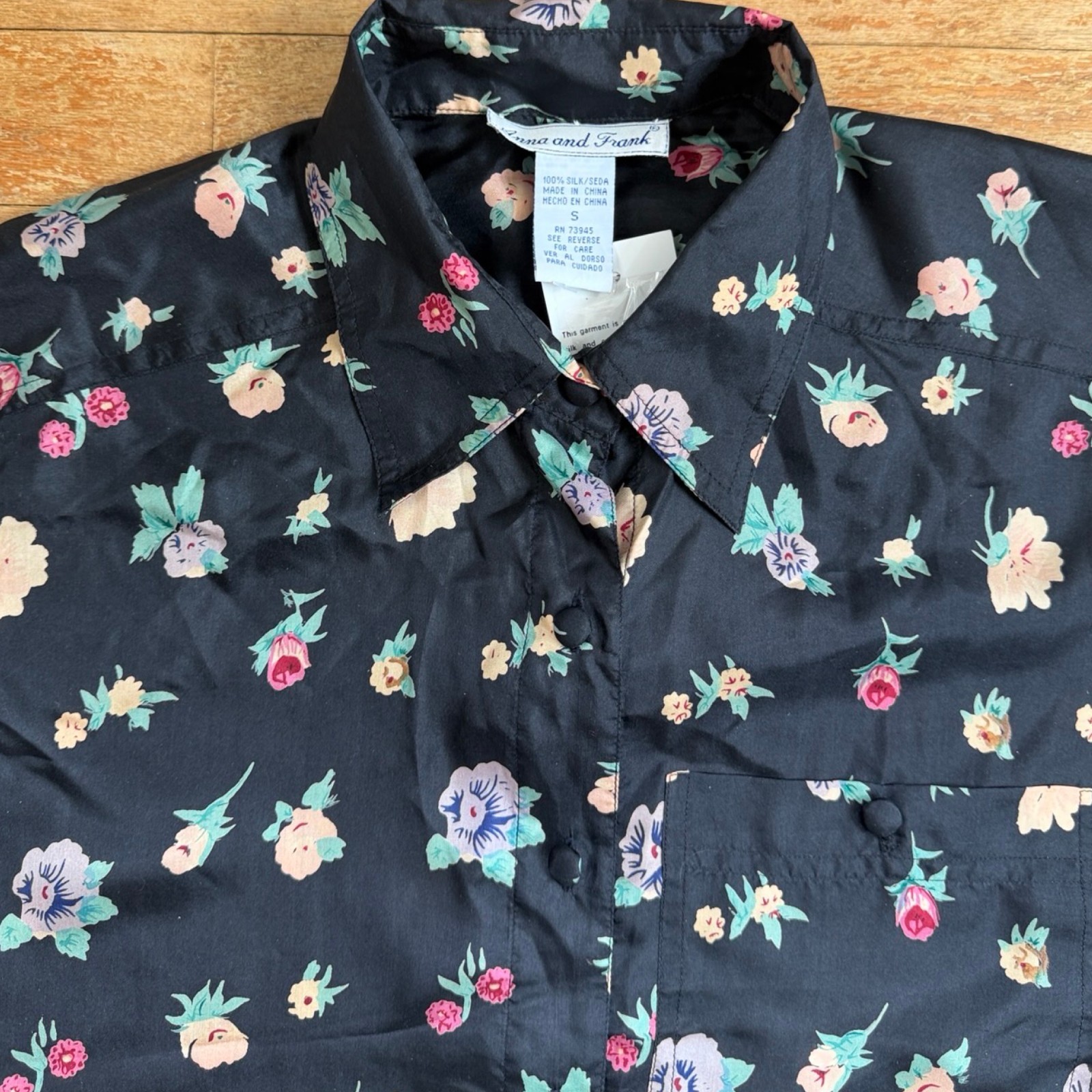 Vintage 100% Silk Floral Skirt Top Set Size Small Black Two Piece Midi Outfit