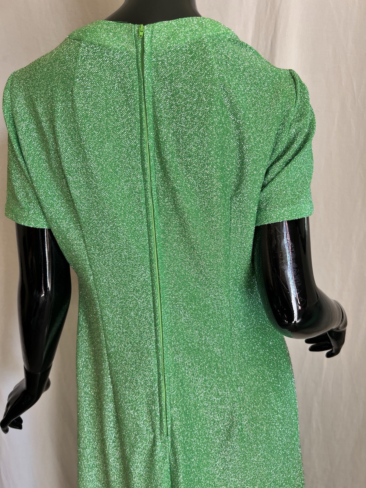 Vtg 1970s Hostess Dress Metallic Silver & Bright Green Maxi Cut Out Detail M/L
