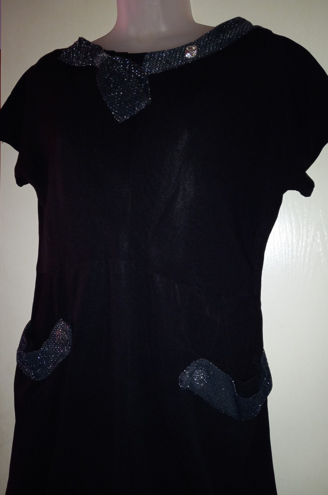 Vintage 40s Black Rayon Rhinestone Dress Metallic Net Collar Pockets Side Zip L
